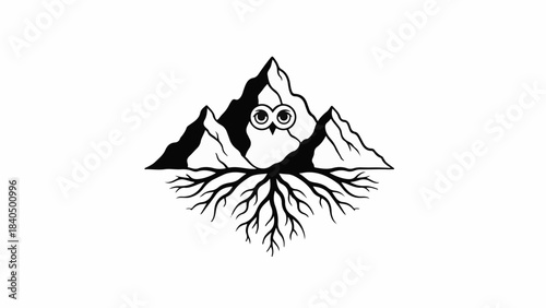 Whimsical owl peeking from behind majestic mountain peaks with exposed roots.