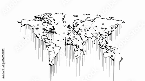 Dripping world map illustration with global connection points