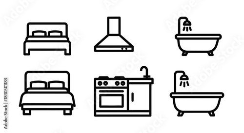 Minimalist Interior Design Icons - Bedroom, Kitchen, and Bathroom.