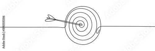 Target with arrow continuous line drawing, vector illustration of hand-drawn goal circle, linear minimalist concept for success, aim, and precision design.