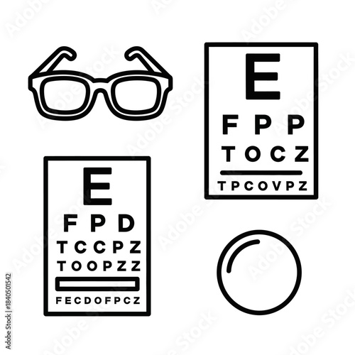 Minimalist Black Outline Eye Care Icons Set with Eyeglasses and Snellen Charts.