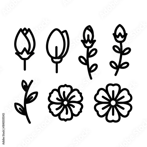 Minimalist Black Outline Flower and Bud Icons Set with Simple Line Art Design.