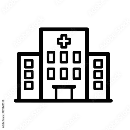 Minimalist black outline hospital building icon with a prominent medical cross symbol.