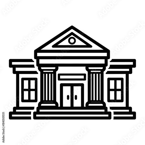 Minimalist black outline icon of a classical-style building featuring prominent columns, a triangular pediment, and double doors.