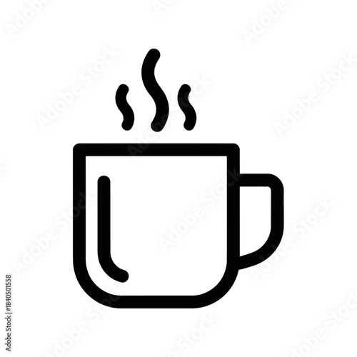 Minimalist black outline icon of a steaming hot beverage mug, featuring three wavy steam lines rising.