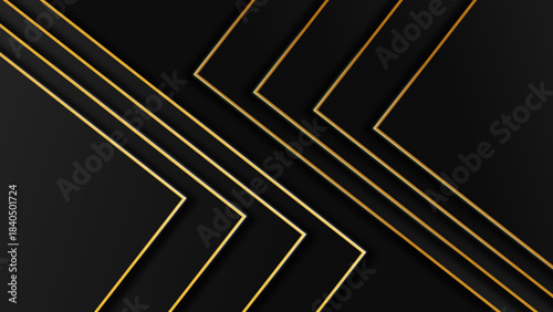 Black geometric shapes with glowing gold outlines form a layered, diagonal abstract design evoking luxury, depth, motion, and modern elegance.