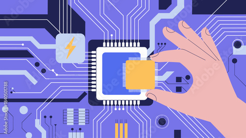 hand placing a data folder onto a computer processor chip vector illustration