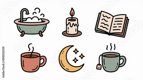 Cozy self-care icons including a bathtub candle book and hot drinks perfect for relaxation and wellness concepts