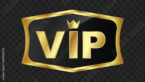 A golden VIP emblem with a crown on a black shield, symbolizing exclusivity and premium status.