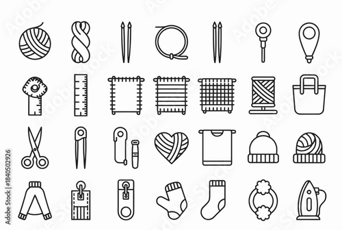 Knitting Hobby Icon Set - Monoline Vector Icons