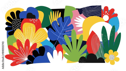 Abstract Floral Explosion: A vibrant composition of diverse blossoms bursts forth, featuring a kaleidoscope of vivid colors, intricate shapes, and playful textures.