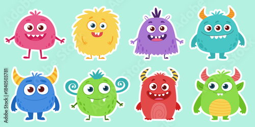 A cute and colorful set of cartoon monster stickers. A funny collection of friendly children's characters in a flat vector style, isolated playful creatures.