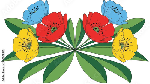 Blooming Symmetry: Vivid petals of red, yellow, and blue create a stunning display. This arrangement highlights nature's aesthetic harmony