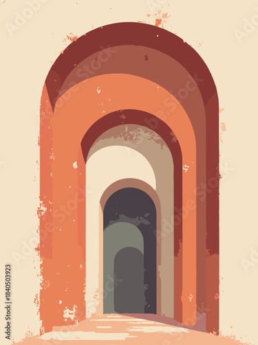 Bauhaus architectural series, three nested arches in varying shades of terracotta, textured background, flat vector, 9:16 aspect ratio
