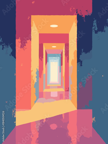 Geometric corridor, receding perspective rectangles, optical illusion, bauhaus depth, flat vector, 9:16 aspect ratio