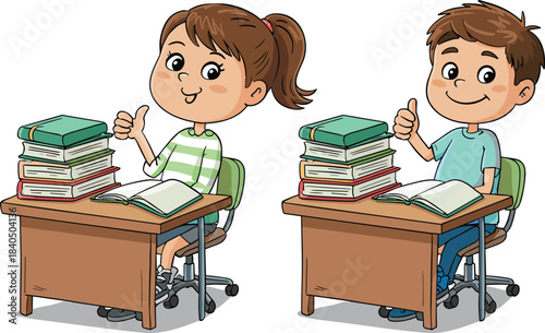 Cartoon children reading at desks — colorful school scene with books and thumbs-up for learning, classroom, and educational themes