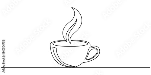 Continuous thin line coffee cup with smoke vector illustration, minimalist sketch doodle for cafe.