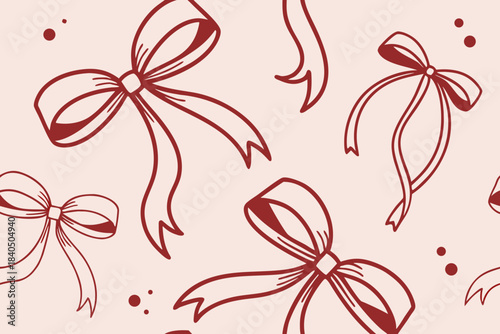 Seamless Vector Outline Pattern of Red Gift Bows and Ribbons on Pastel Background. Seamless pattern with red bow