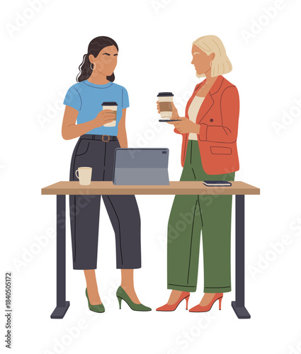 Modern flat vector illustration of two women discussing work at a standing desk with coffee cups, laptop, and clean minimalist styling