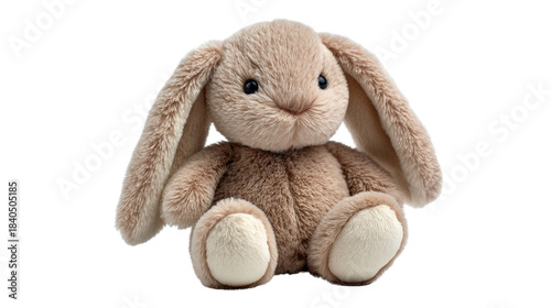 Soft white bunny plush toy with long ears sitting upright on transparent png background. Ai generated