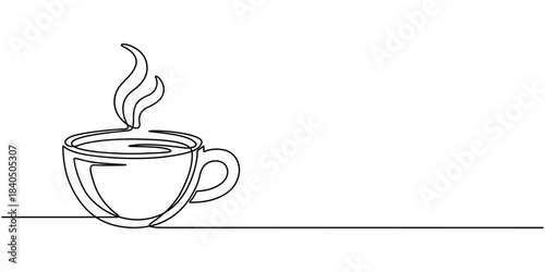 Continuous thin line coffee cup with smoke vector illustration, minimalist sketch doodle for cafe.