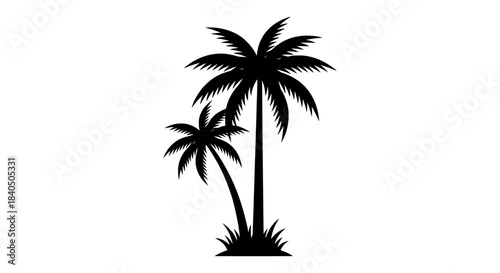 Two tropical palm trees vector silhouette standing on grassy ground, symbolizing summer vacation and travel