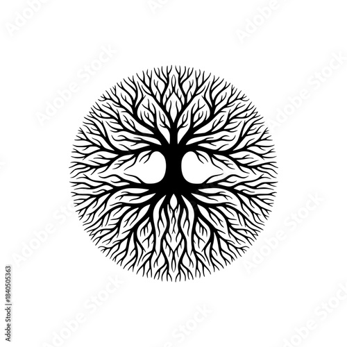 Vector silhouette of an intricate circular tree of life symbol representing nature growth and interconnectedness