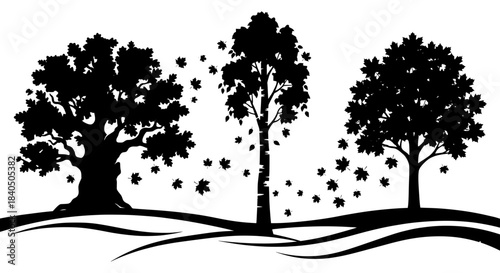 Vector silhouette of three diverse deciduous trees with falling autumn leaves on rolling hills backdrop