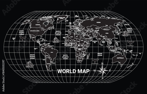 World map illustration political geography with grid 