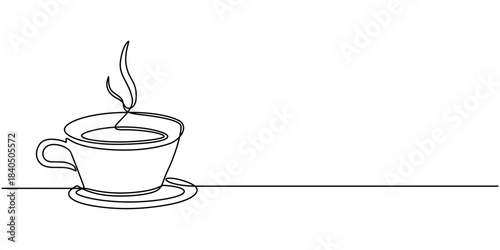 Continuous thin line coffee cup with smoke vector illustration, minimalist sketch doodle for cafe.