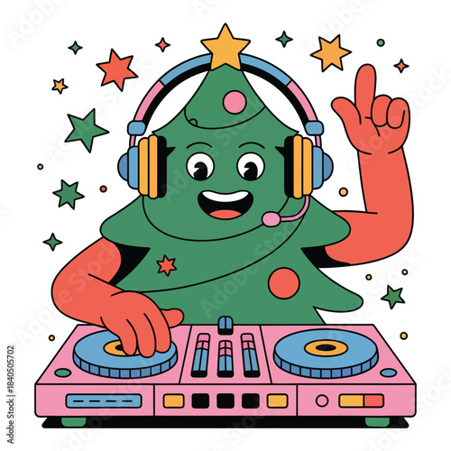 Cheerful christmas tree disc jockey character with headphones mixing music festive party celebration holiday event entertainment illustration