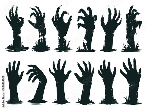 Zombie hands silhouette, crooked hands emerging from graveyard ground, vector illustration, creepy Halloween undead concept, horror scene with spooky skeleton hands.