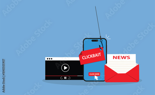 Clickbait message.Clickbait concept with smartphone and fishing hook on message
