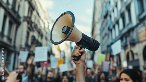 Raised fist holding a bullhorn during a political demonstration. A crowd of activists marches on a city street for their civil rights