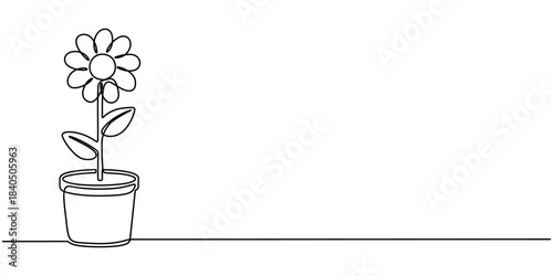 Potted houseplant flowers in continuous one line drawing. Single line art illustration of flower in pot.