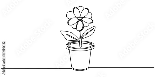 Potted houseplant flowers in continuous one line drawing. Single line art illustration of flower in pot.