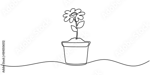 Potted houseplant flowers in continuous one line drawing. Single line art illustration of flower in pot.