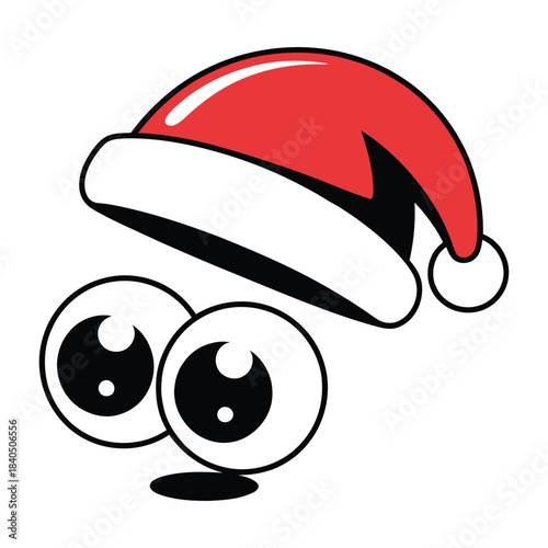 Funny cartoon eyes wearing red santa claus hat on head looking surprised and wide eyed with big pupils for christmas holiday expression