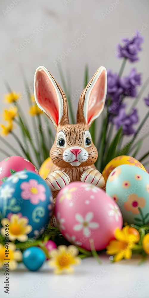 Fototapeta premium Bunny figurine peeking from behind painted eggs, a whimsical Easter display in soft light, easter, celebration