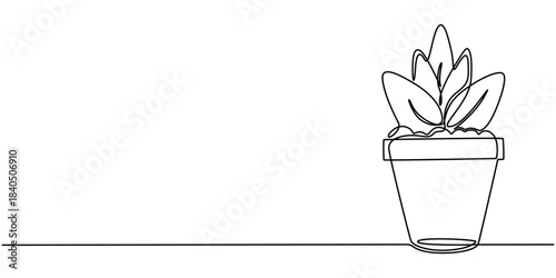 Simple continuous line drawing of a plant growing in a pot. Plant pot continuous one line drawing.