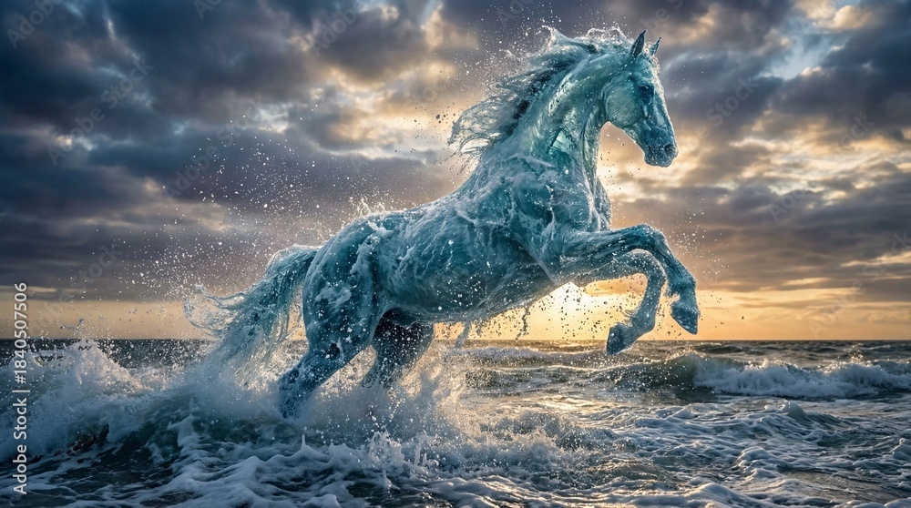 Fototapeta premium A powerful stallion rising from the ocean, its body composed of crashing waves, droplets suspended in the air as if frozen in time.