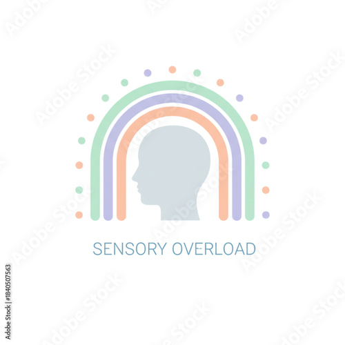 Sensory Overload Concept Illustration with Human Profile and Rainbow Sensory Waves