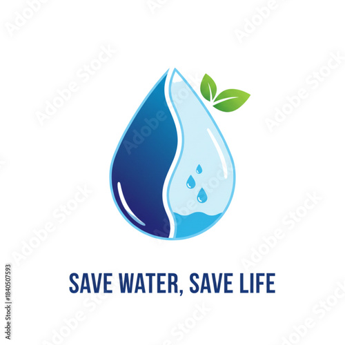 Save Water Save Life Concept with Water Drop and Green Leaves Icon