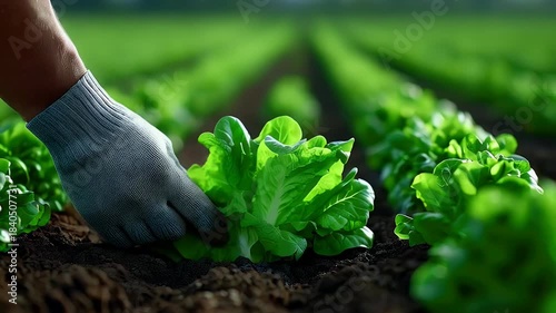 Person harvests fresh green lettuce in agricultural field