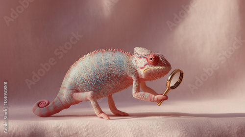 AI generated chameleon holding magnifying glass, concept of research, investigation and curiosity. Perfect for education, analysis, science and business communication projects.