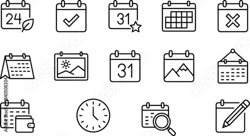 calendar, schedule, planner, reminder, date, time, organization, management, productivity, business, event, deadline, checklist, appointment, task, planning, vector, outline, icons, set