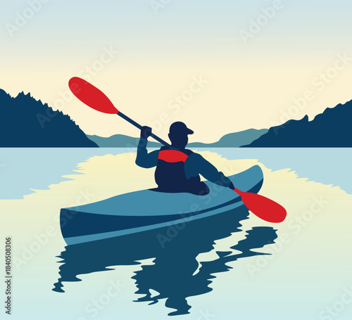 kayaking on the river landscape illustration
