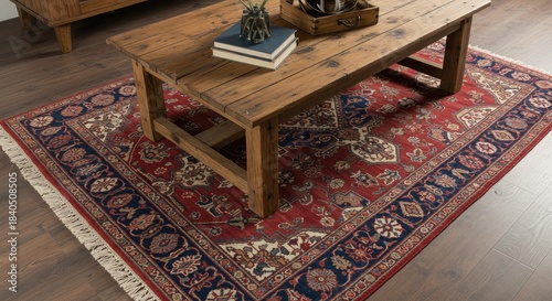 Rustic Wooden Table on Intricate Red and Blue Oriental Rug with Fringe