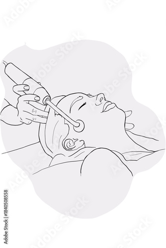 Woman receiving a facial frequency treatment by a professional on the side of her temple. The image is linear with a transparent colored background.