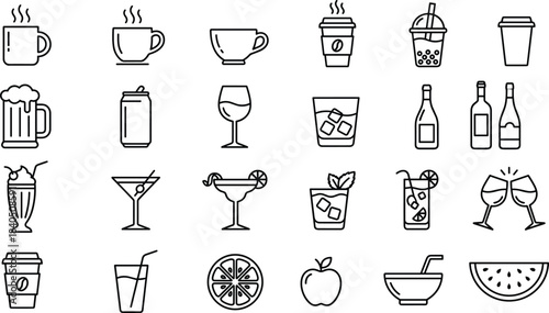drinks, beverages, coffee, tea, juice, cocktail, smoothie, alcohol, refreshment, cafe, bar, glass, cup, menu, liquid, vector, outline, icons, set, collection